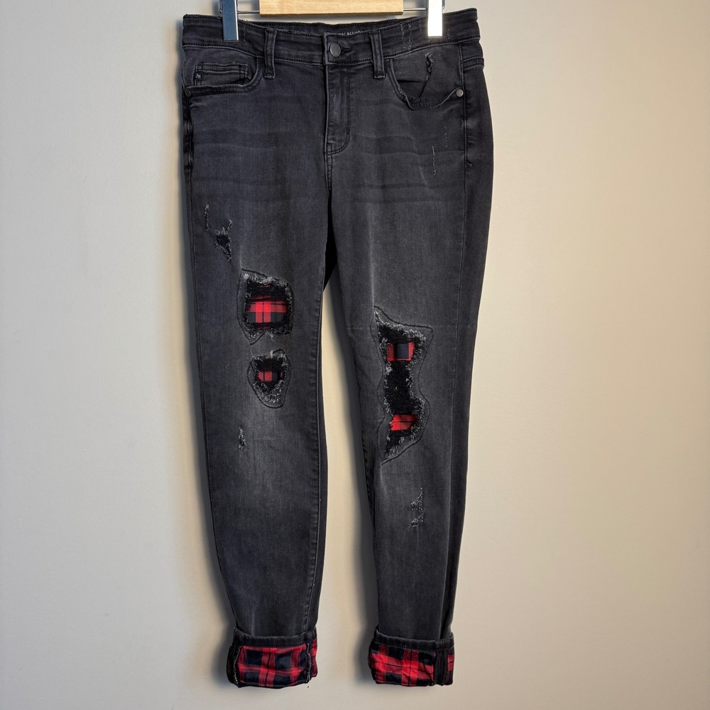 Judy Blue Womens Black Denim Skinny‎ Fit Jeans Distressed Plaid Roll Hems Size 9